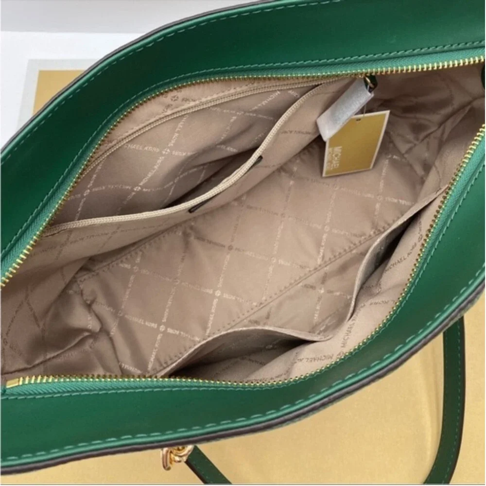 New Michael Kors Medium Front Zip Chain Tote Bag Leather JEWEL GREEN